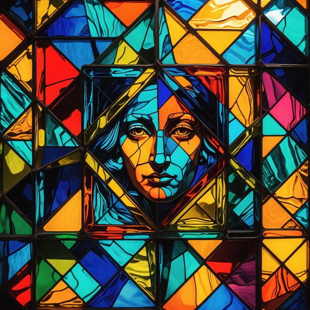 Cubist Stained Glass Masterpiece in Iridescent Hues