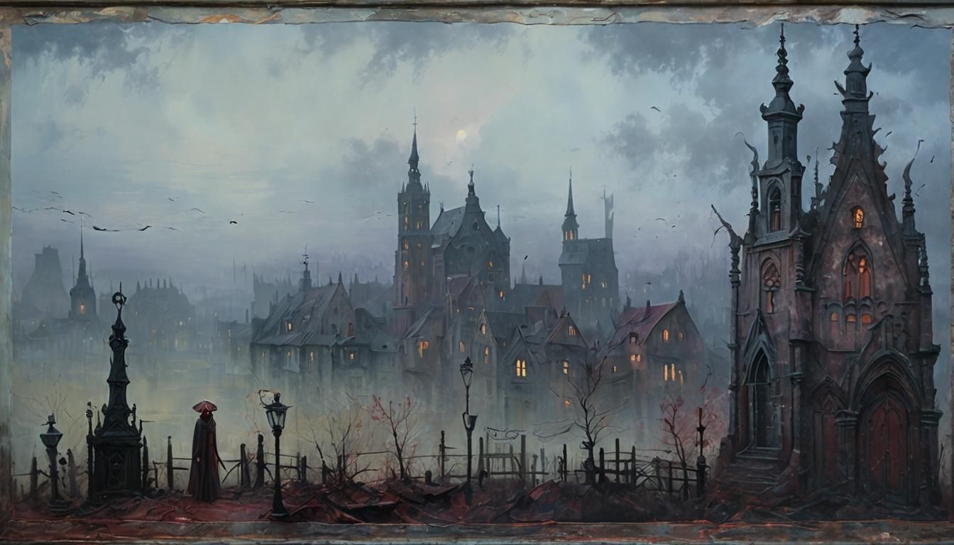 Mysterious Figure in Gothic Surrealism at Dawn