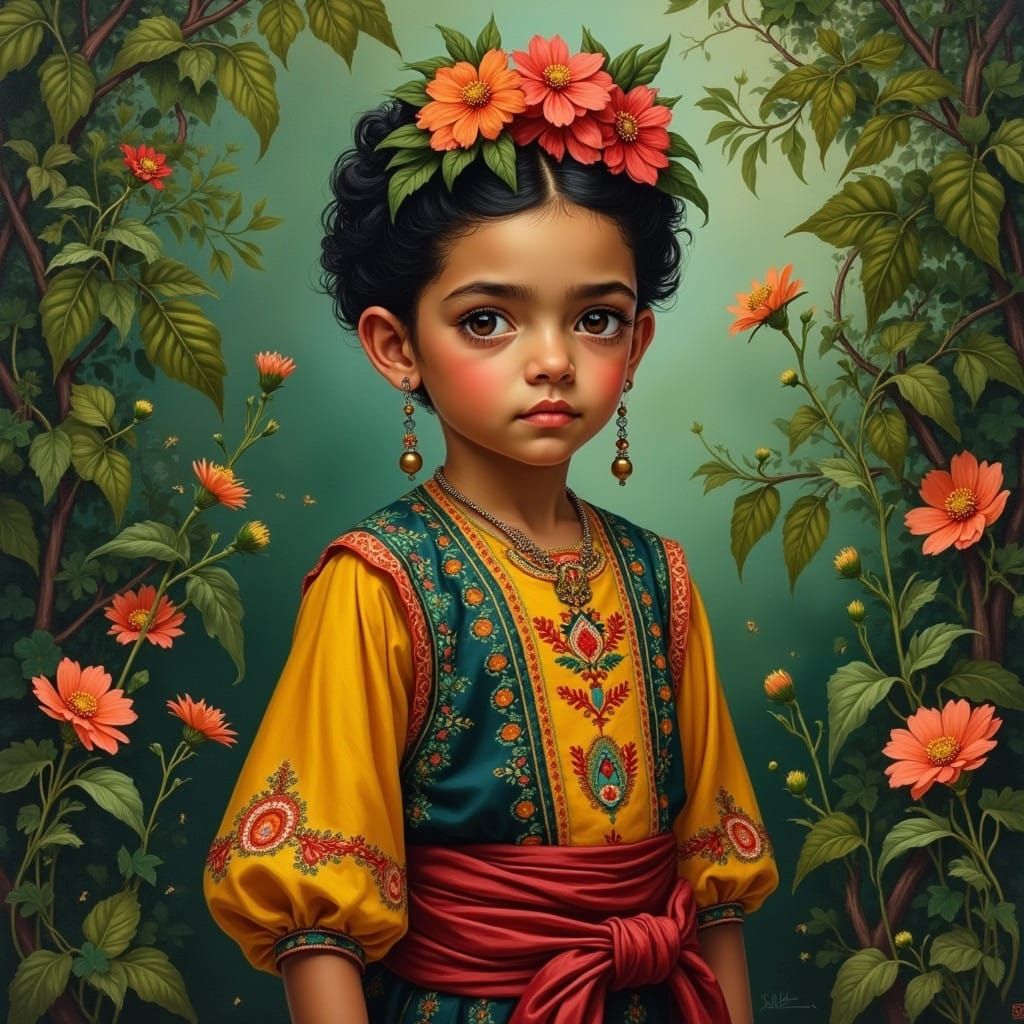 Young Boy in Vibrant Mexican Garden, Inspired by Frida Kahlo...