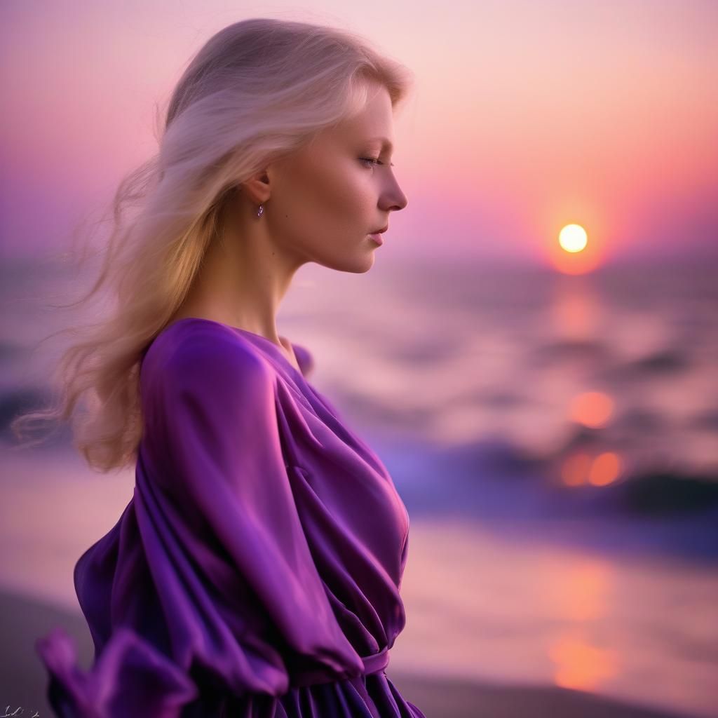 Woman in Violet Dress Gazing at Sea, Van Gogh Style