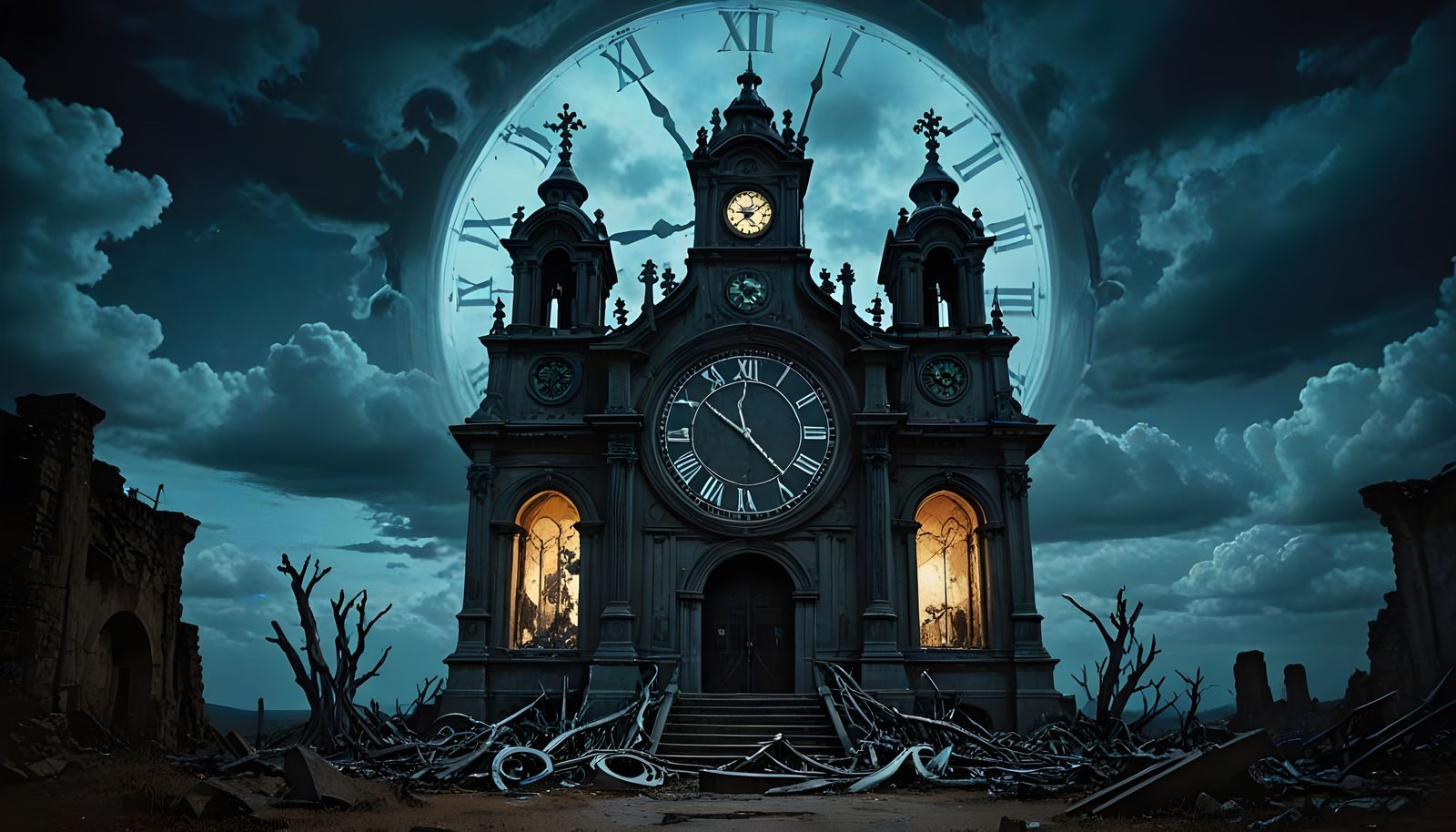 Mysterious Clock Tower in the Abandoned Church at Night