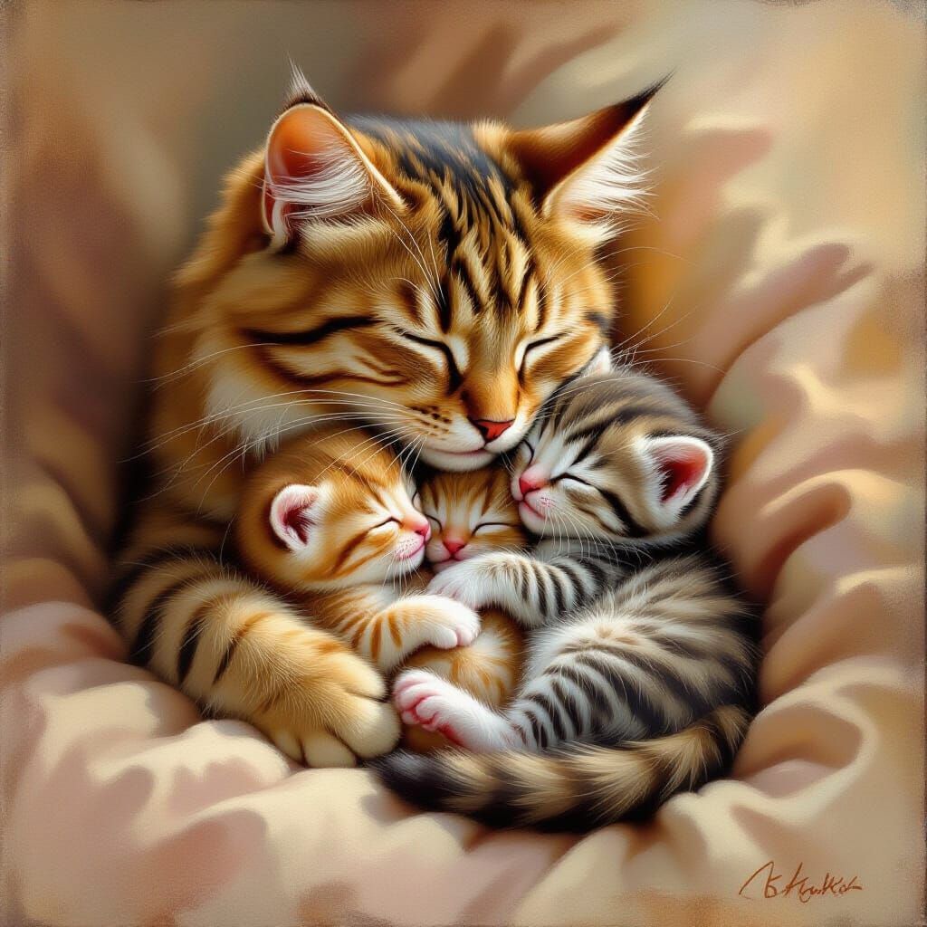 Mother Cat Cuddles Newborn Kittens in Oil Painting Style