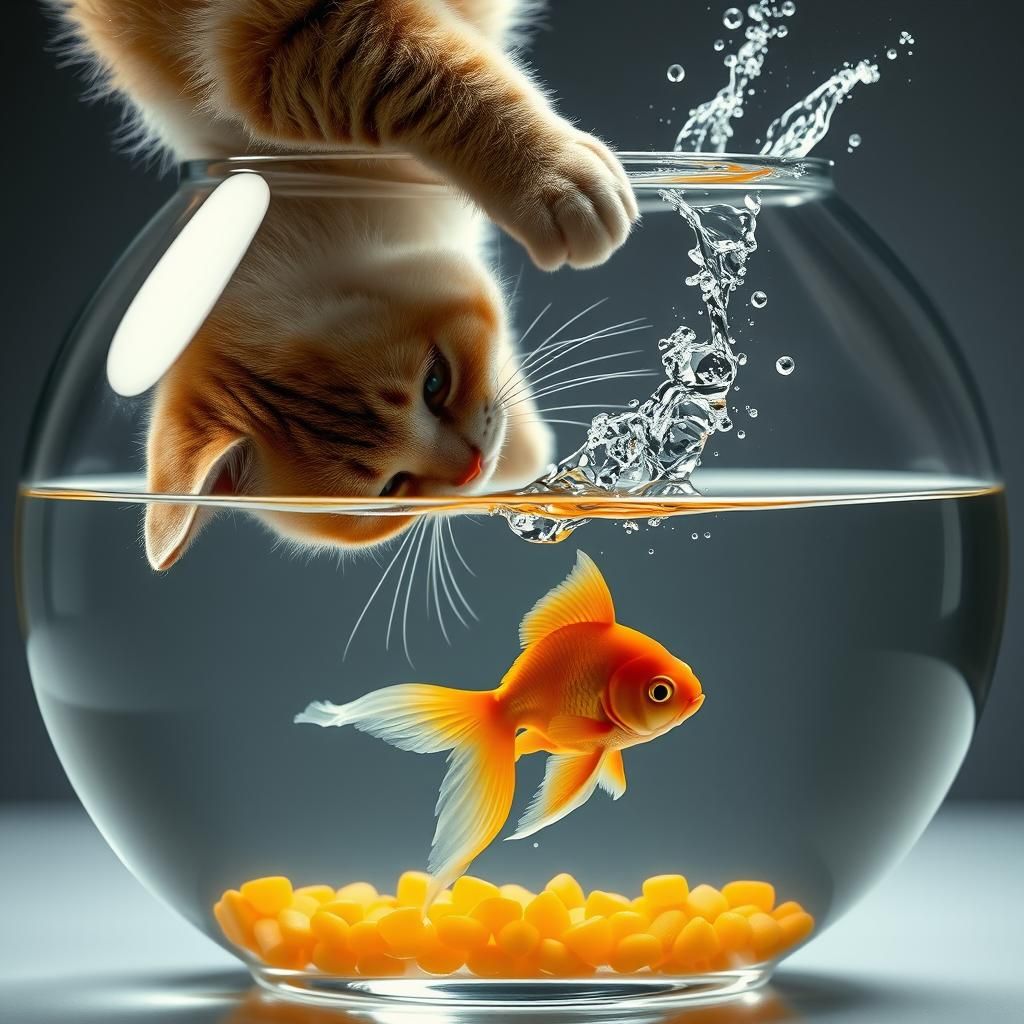 Cat Fishing for Goldfish in Impressionist Style