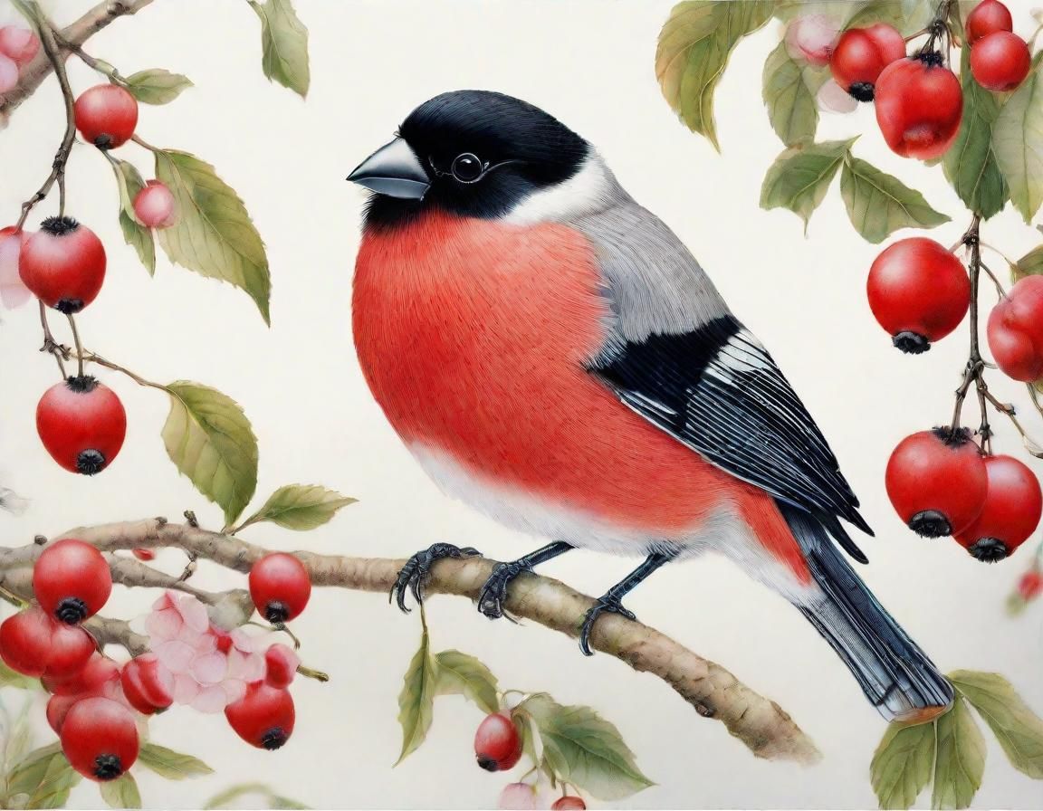 Bullfinch in Cherry Tree: Intricate Natural Illustration