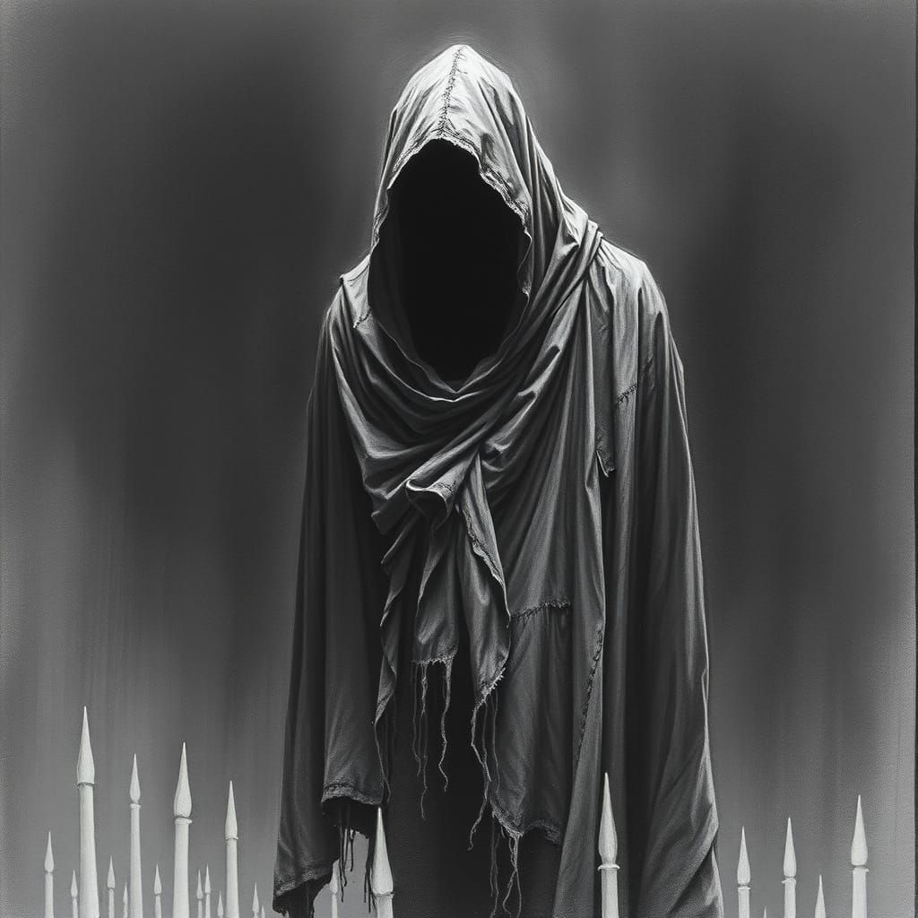 Shrouded Figure Emerges from Dark Landscape in Charcoal