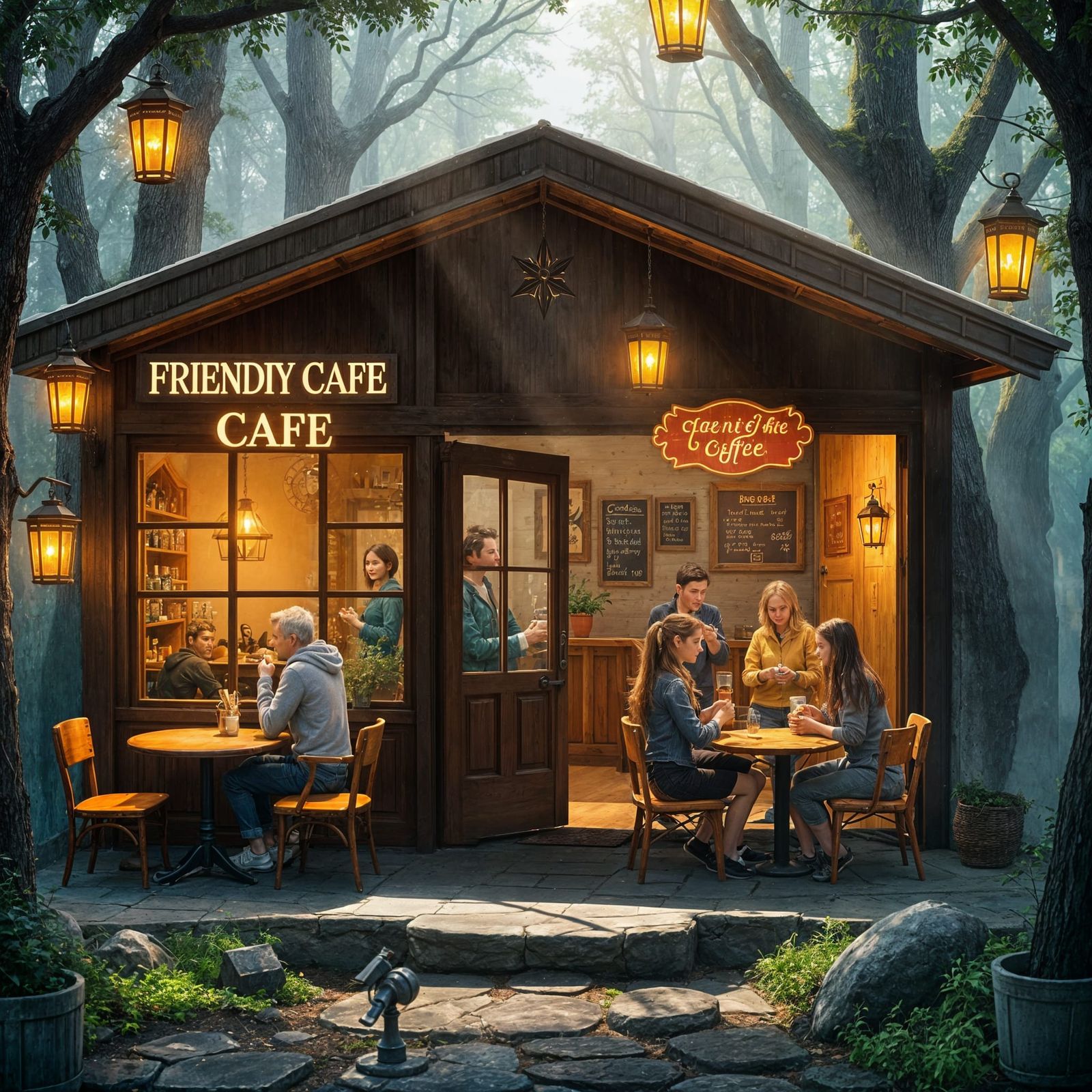 Mystical Forest Cafe with Open Door and Floating Lanterns