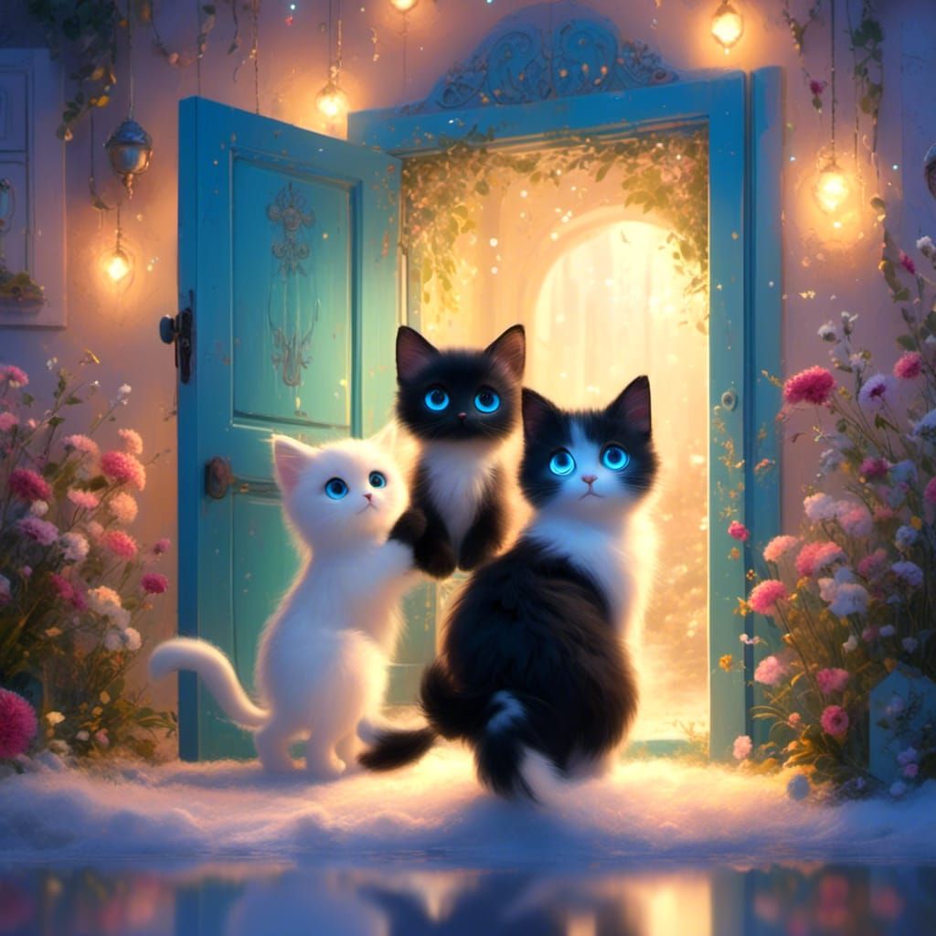 <lora:Ultra Cute:1.0> Two adorable kittens, one black and one white, peek from behind a door with wide, glowing blue eye...