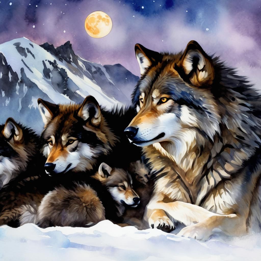 Impressionist Watercolor: Mother Wolf and Cubs Sleeping