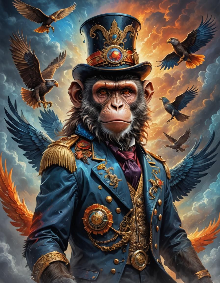 Top-Hatted Monkey Eagle Ride: Art Deco Splash Art