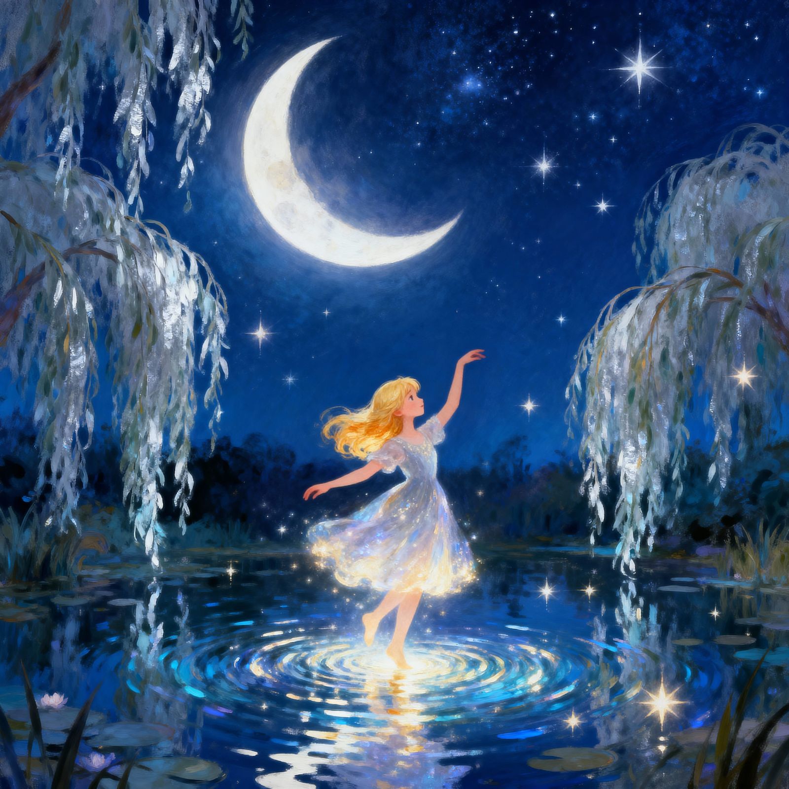 Girl Dancing on Shimmering Pond Under Starlit Sky