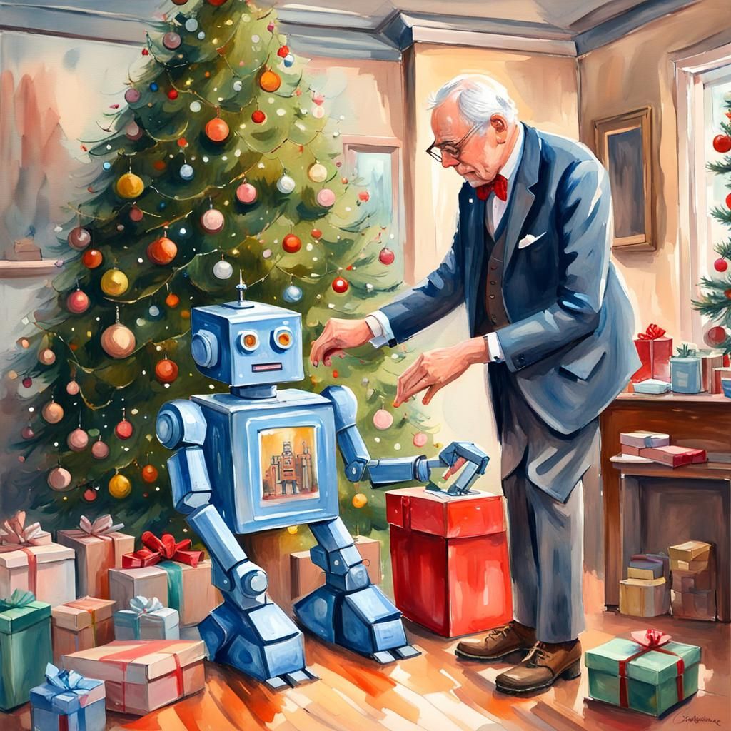 Gentleman Unboxing Robot Toy in Gouache Style