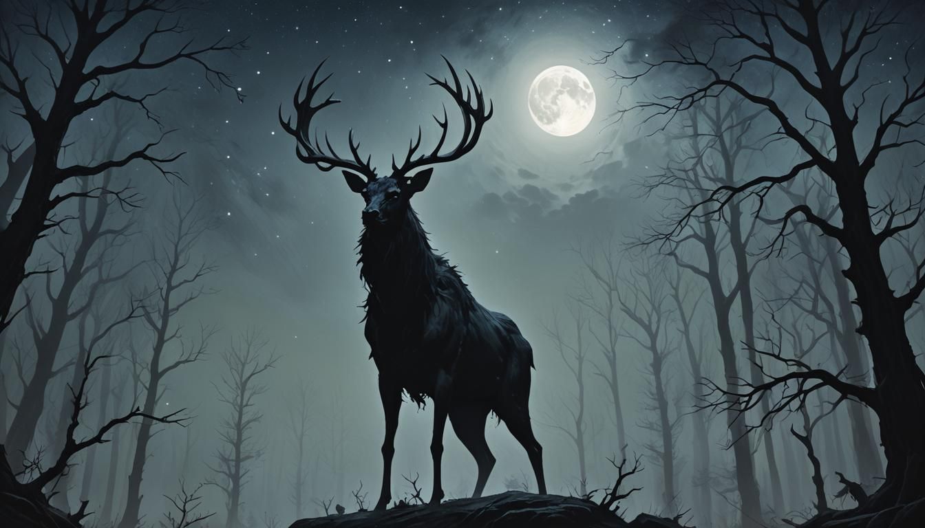 Wendigo Silhouette in Dark Forest Oil Painting