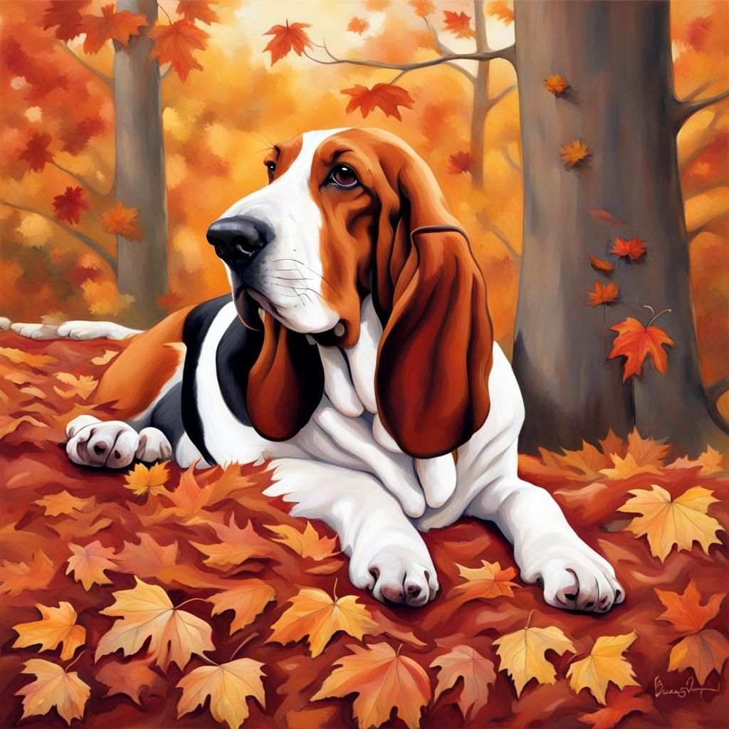 Basset Hound Napping in Autumn Sunlight