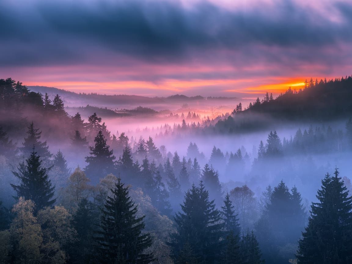 Atmospheric Sunset Over Foggy Valley