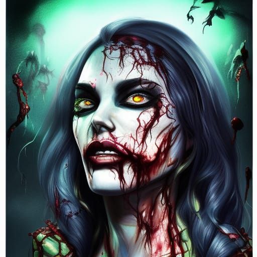 Hyperrealistic Zombie Queen Splash Art at Night