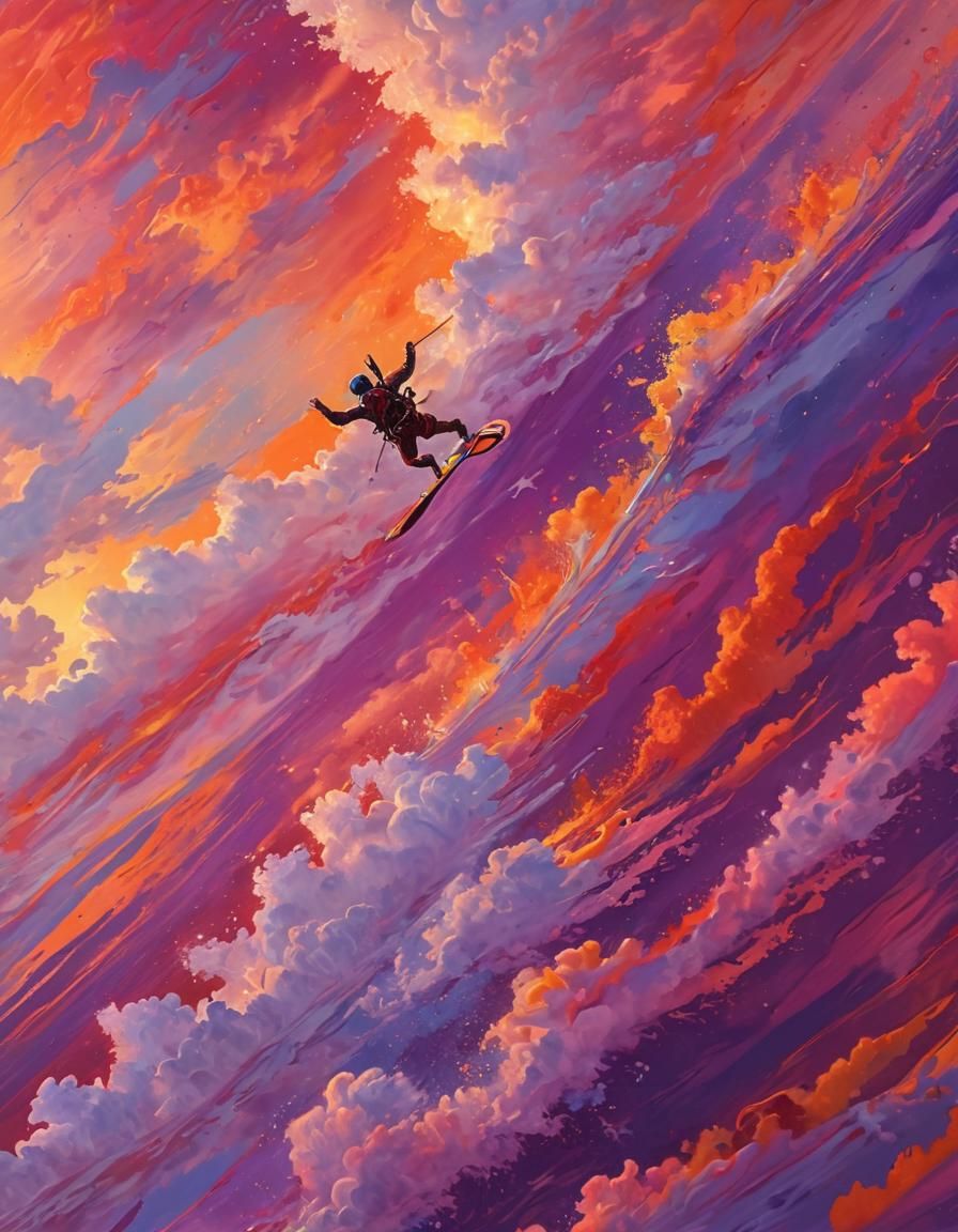 Psychedelic Skydiver Surfs Vibrant Cloudscape