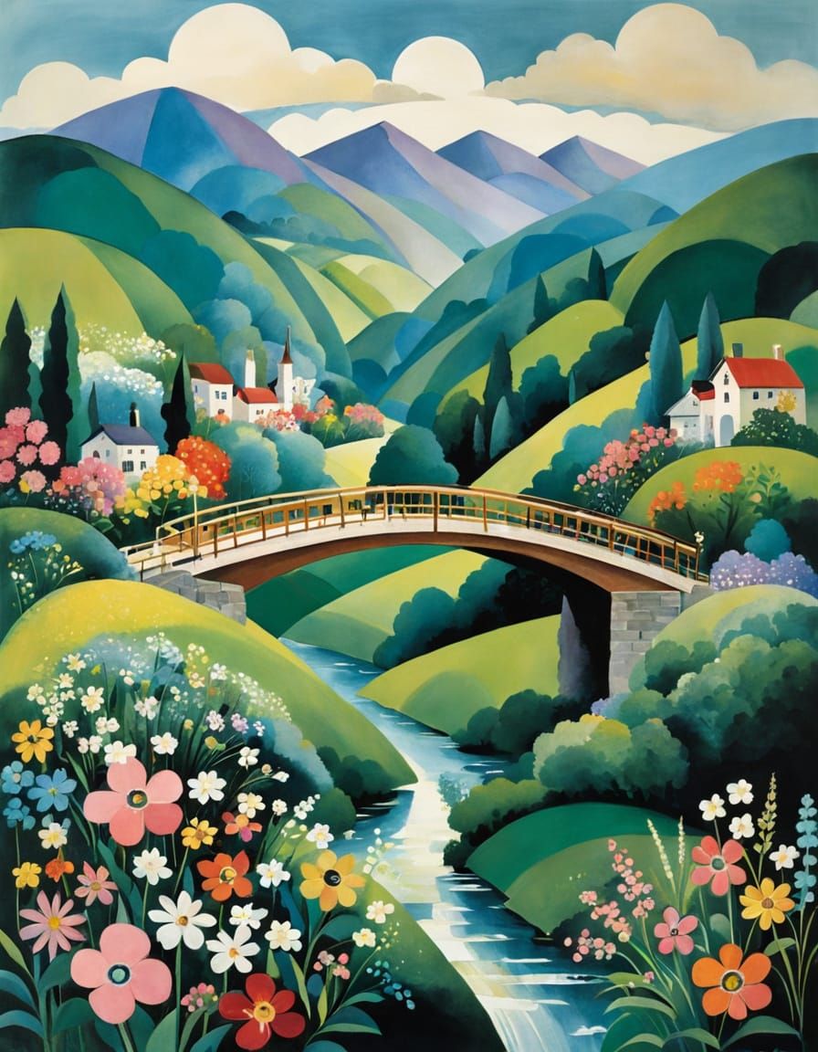 Whimsical Floral Railway Bridge in Folk Art Style