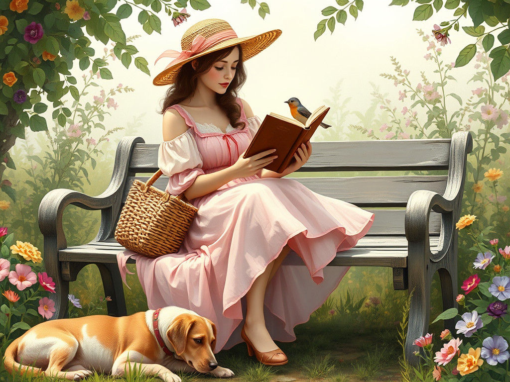Woman Reading in Garden, Dreamy Pastel Art