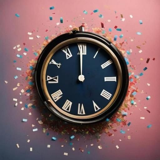 Midnight Clock Amidst Confetti Celebration