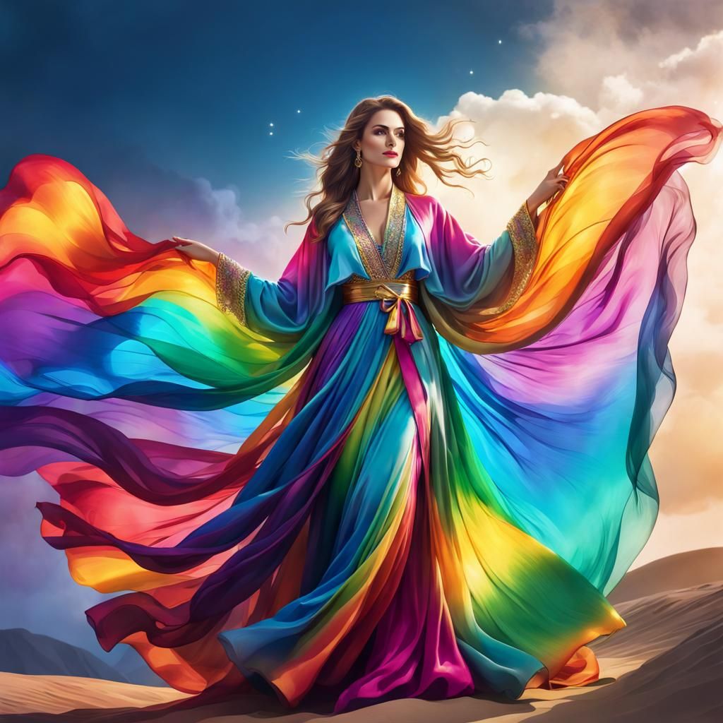 Woman in a flowing rainbow cloak