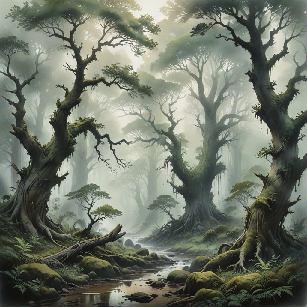 Ancient Forest in Ethereal Ink Wash and Watercolor
