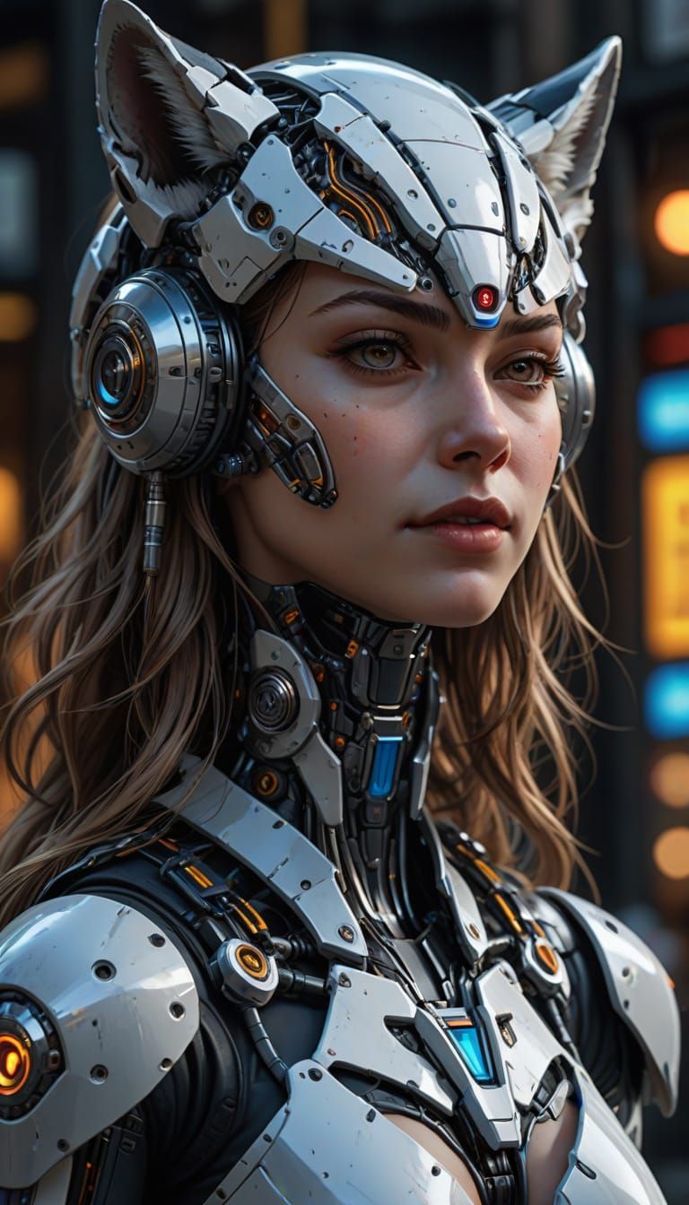 Cyborg Wolf Chibi in Neon Noir Style