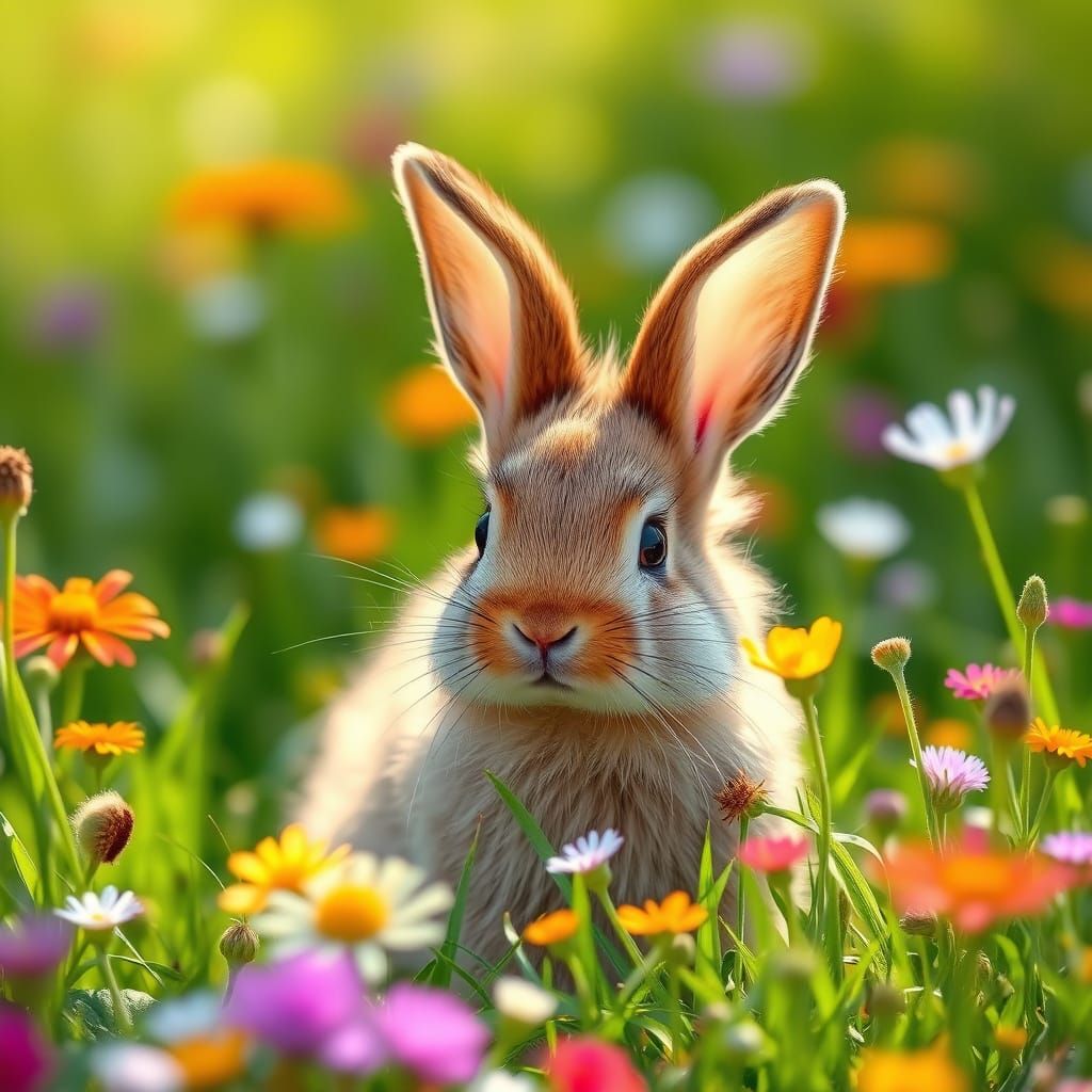 Whimsical Baby Rabbit in a Vibrant Meadow
