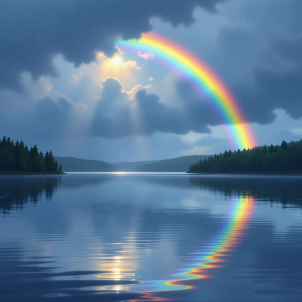 Rainbow Over Serene Lake on a Rainy Day