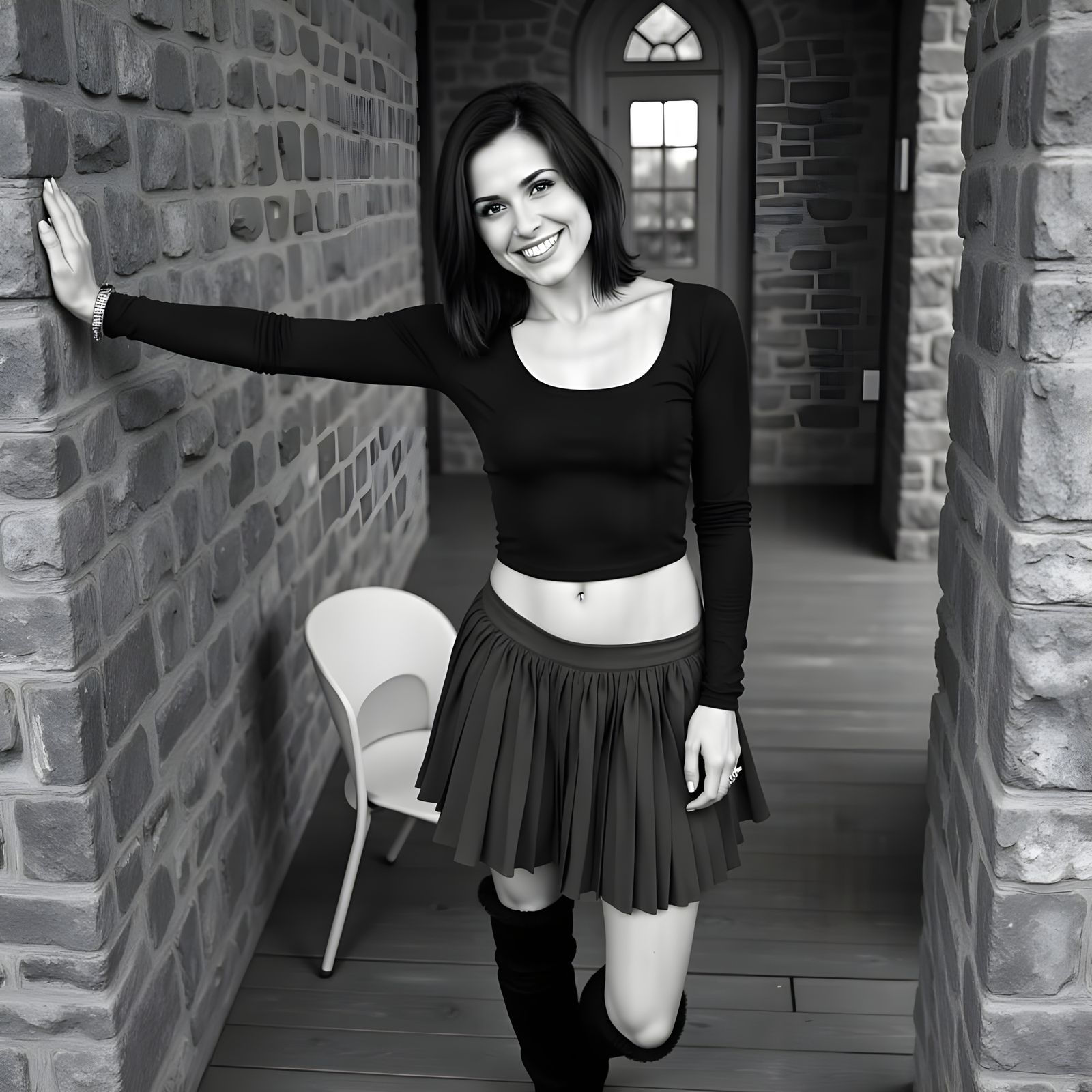 Playful Woman Posing in Black and White Photo