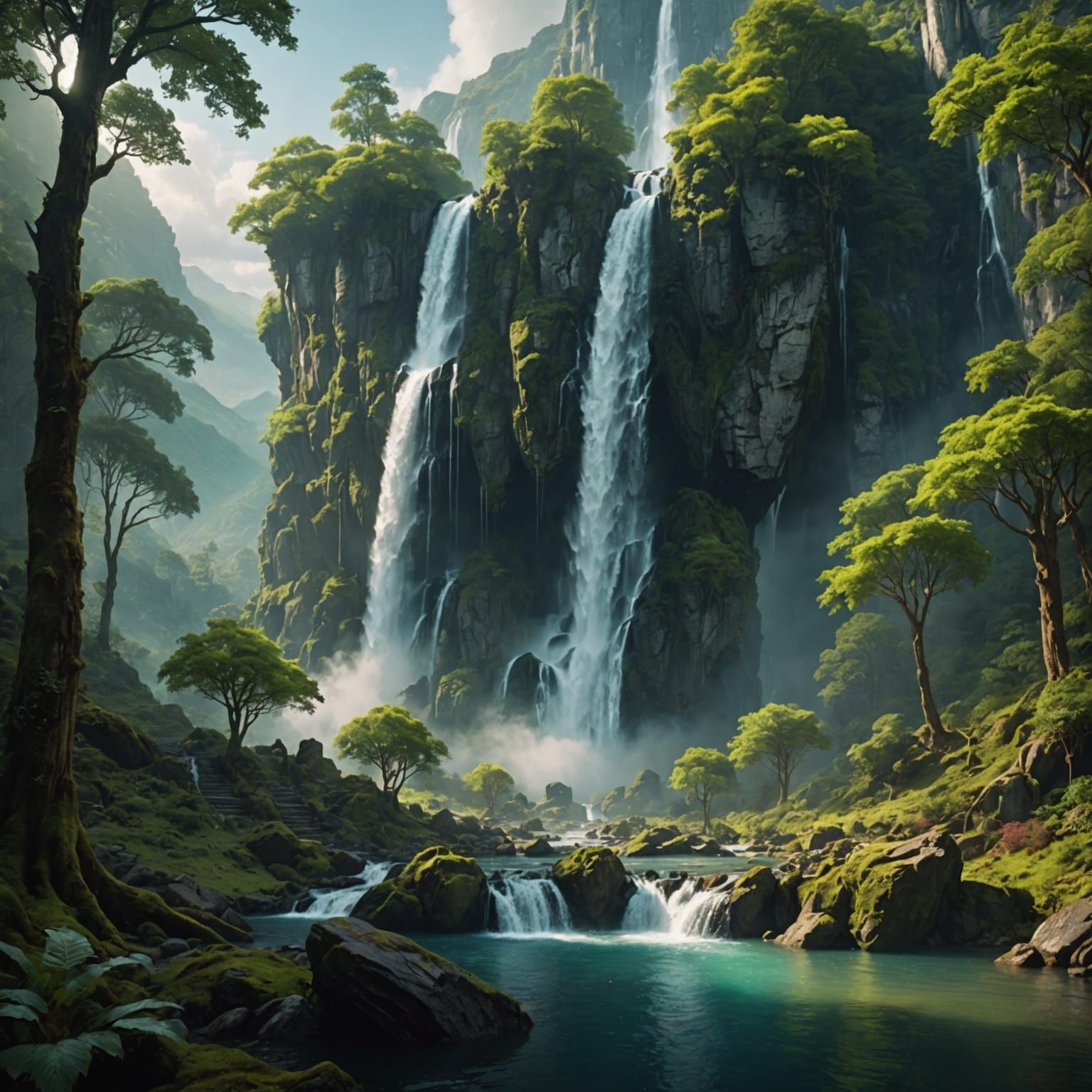 Fantasy Waterfall Between Forest and Space