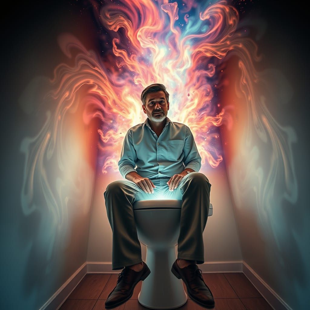 Man Ascending from Toilet in Dreamlike Scene
