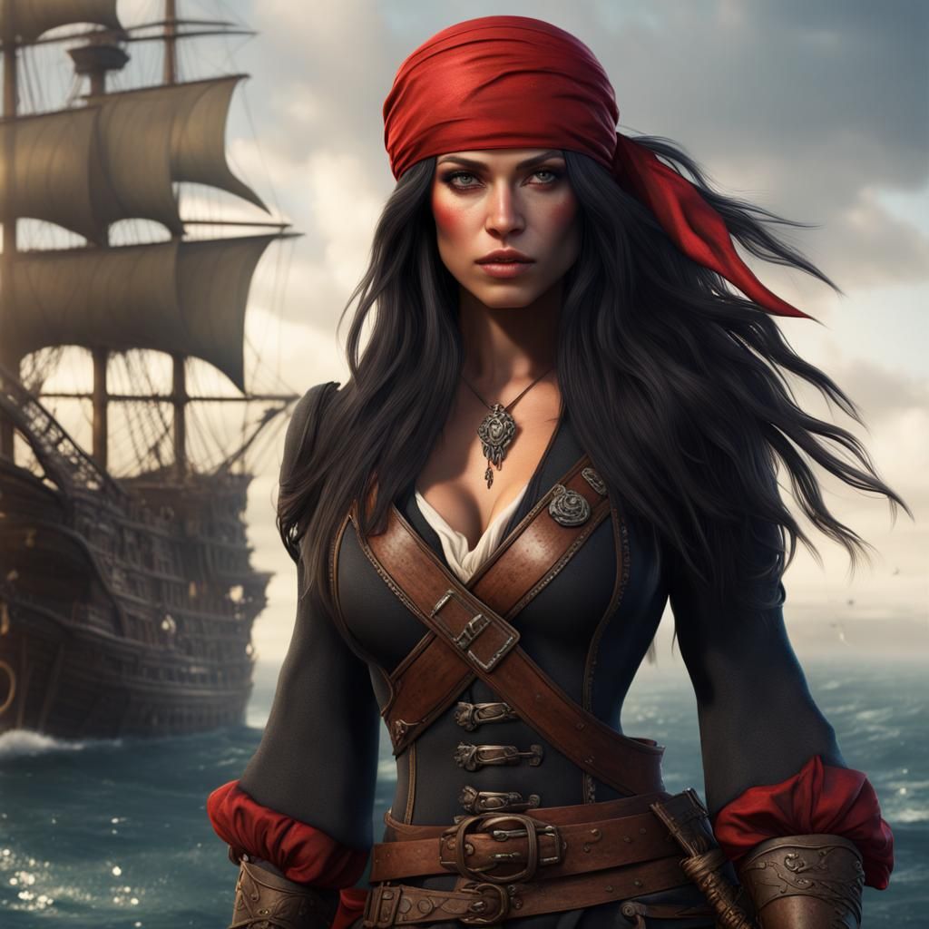 Fantasy Pirate with Red Scarf, Detailed Matte Painting