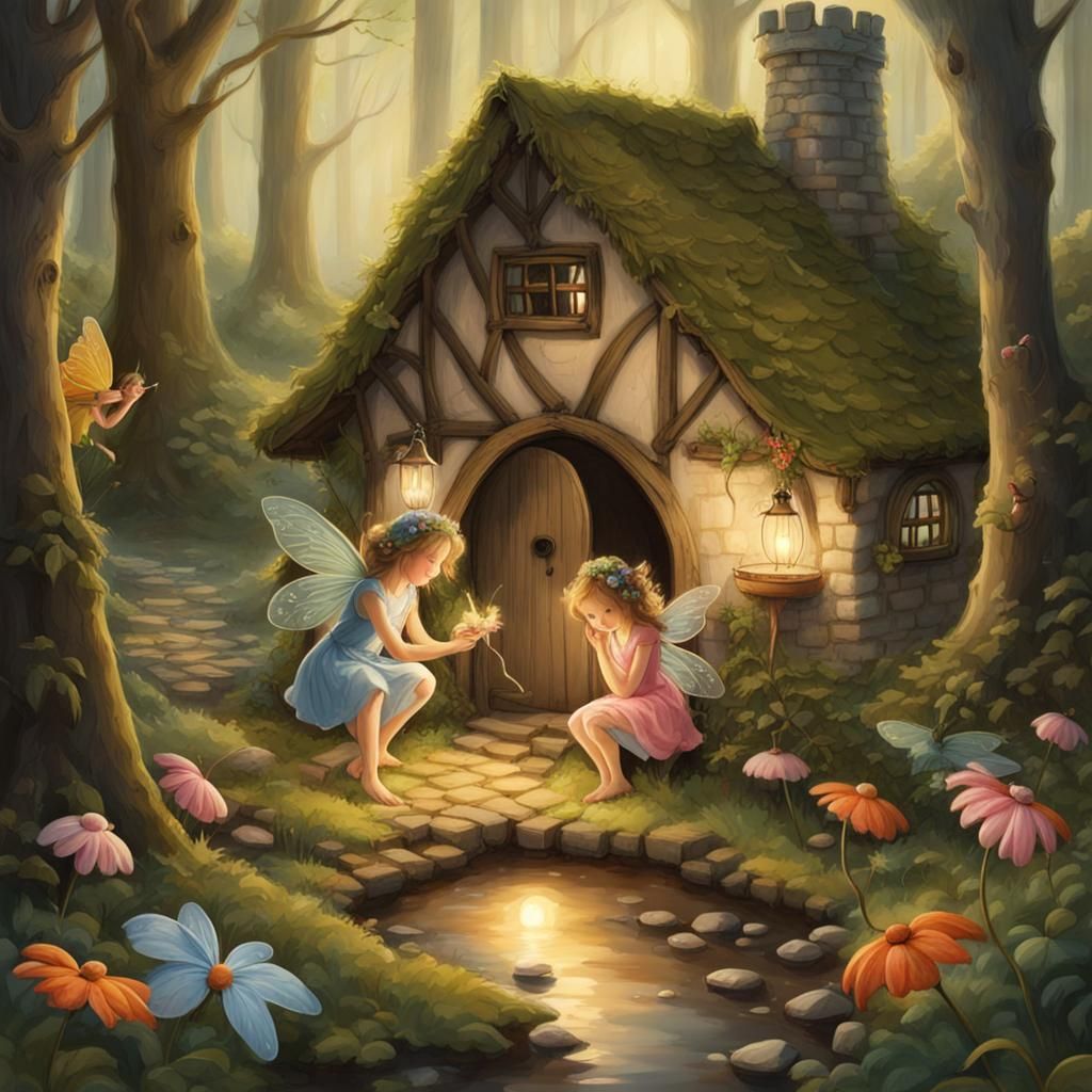 Fairies in Forest Cottage: An Enchanted Scene