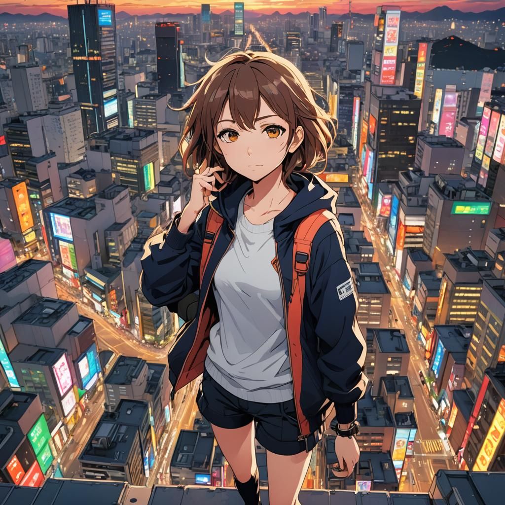 Tomboy Beauty in French Manga Style with Neon Tokyo