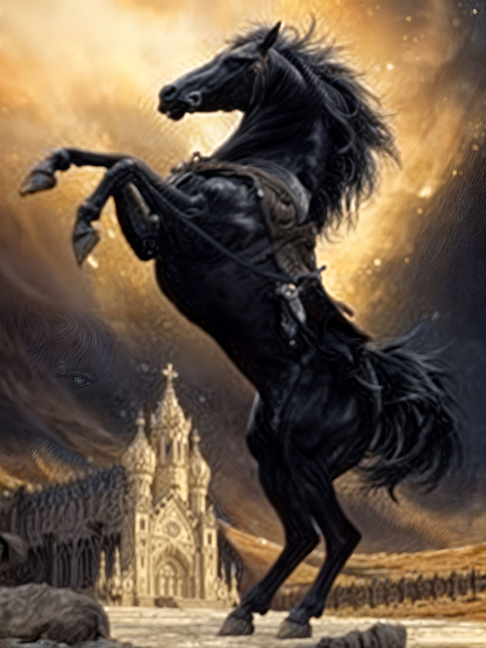Majestic Black Stallion in Hyper-Realistic Oil Painting