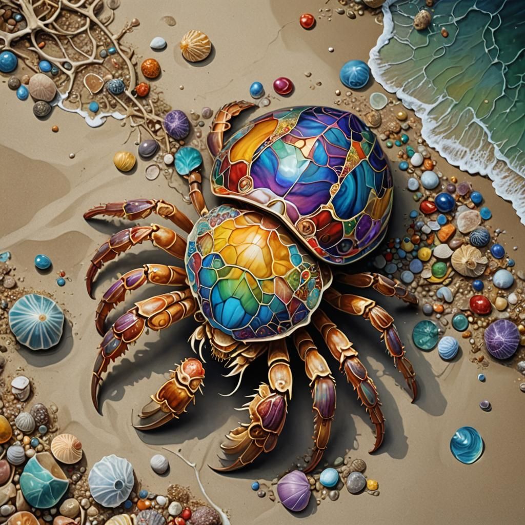 A hermit crab with a shell of kintsugi art