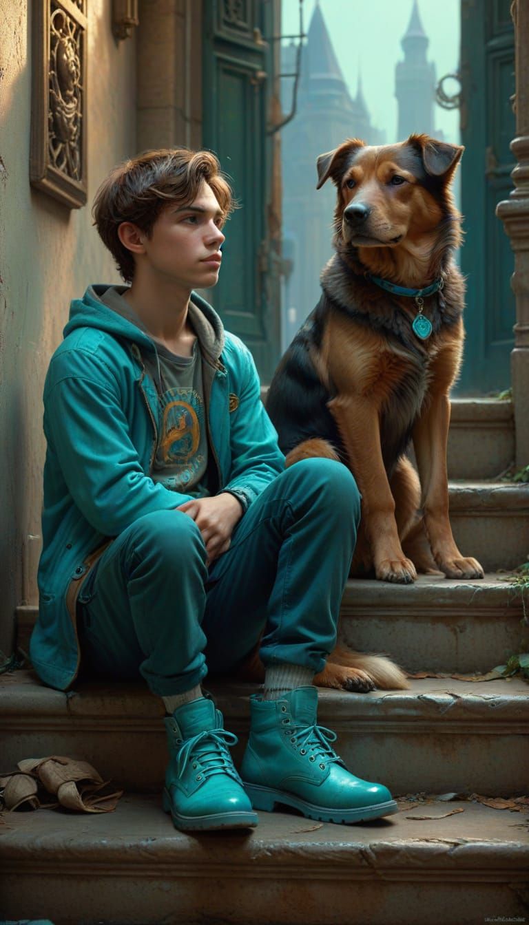 Boy and Dog on Stairwell, Digital Art
