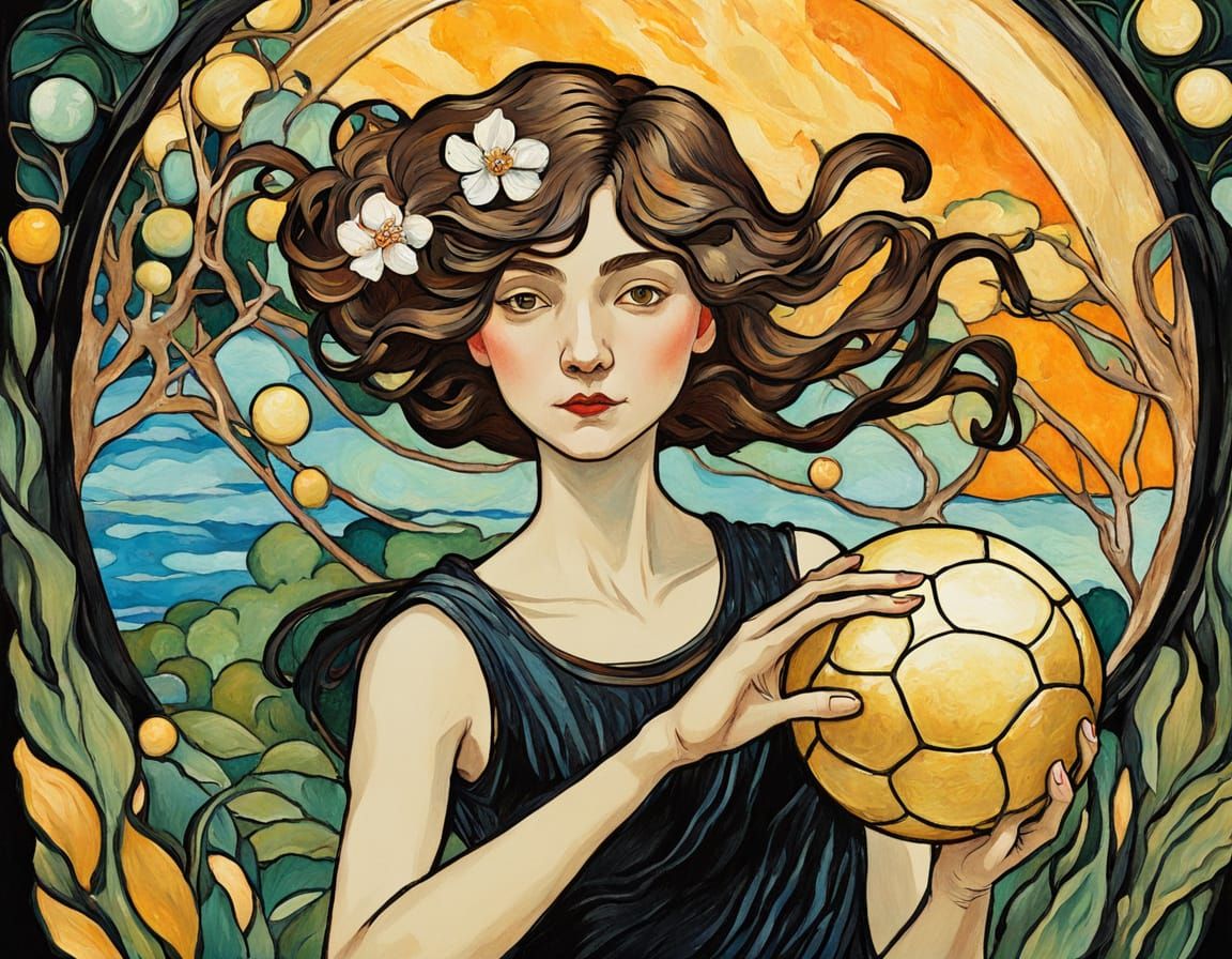 Art Nouveau Woman Playing Ball in Gouache Style