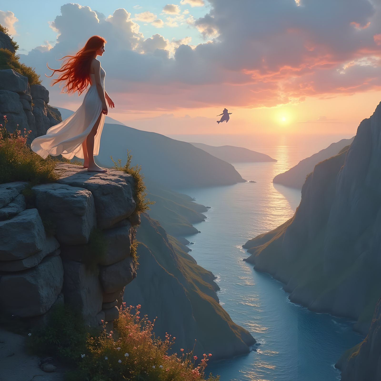 Sunset Over River With Girl and Wizard