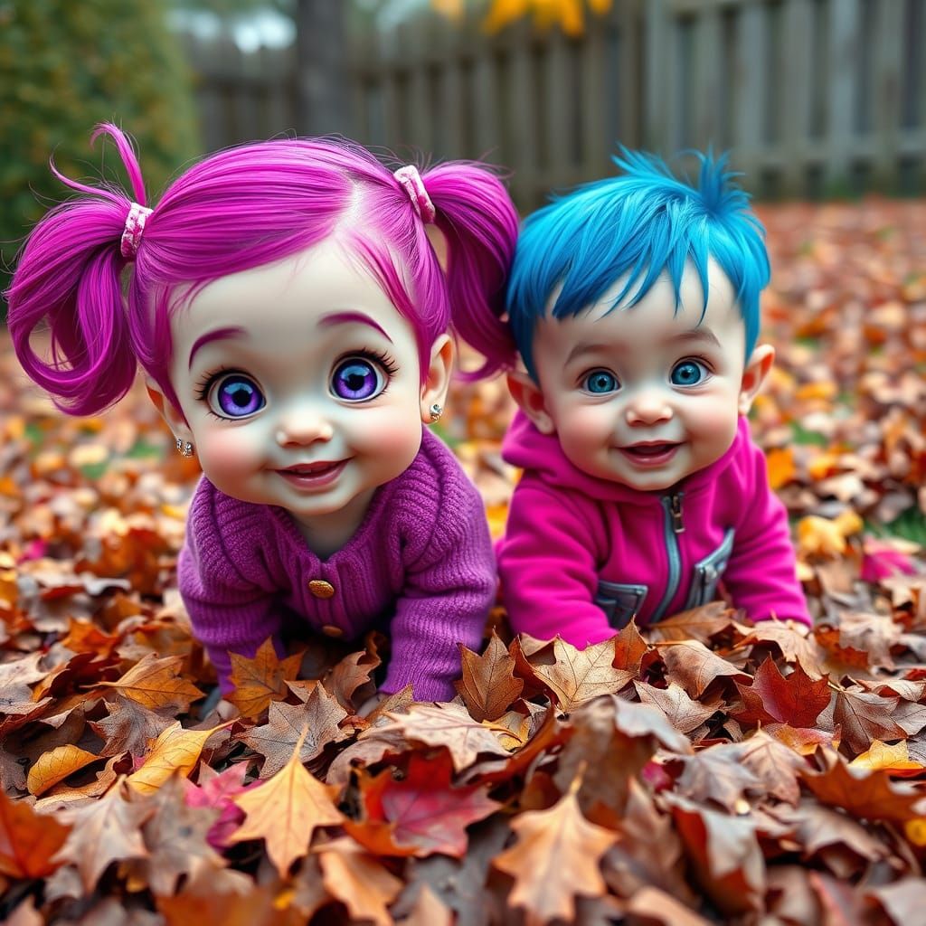 Chibi Toddlers Play in Leaves with Surreal Art Style