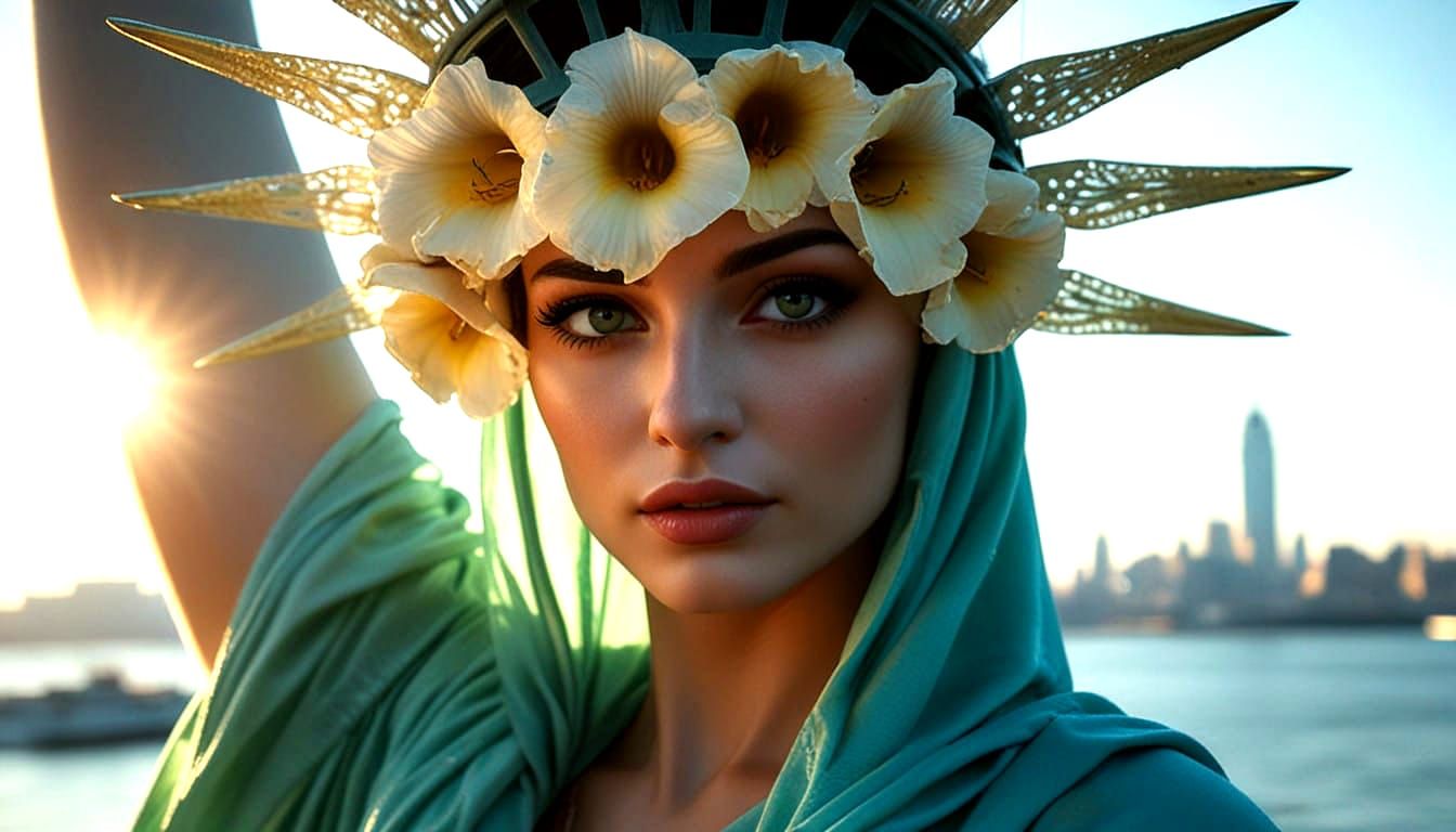 Maximalist Statue of Liberty Wreath in Bright New York Harbo...