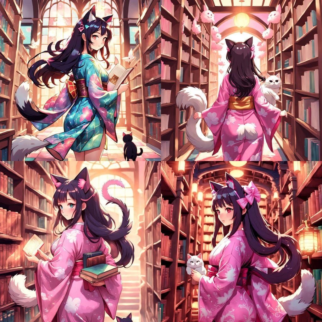 Mystical Maiden Navigates Enchanted Library in Whimsical Sty...
