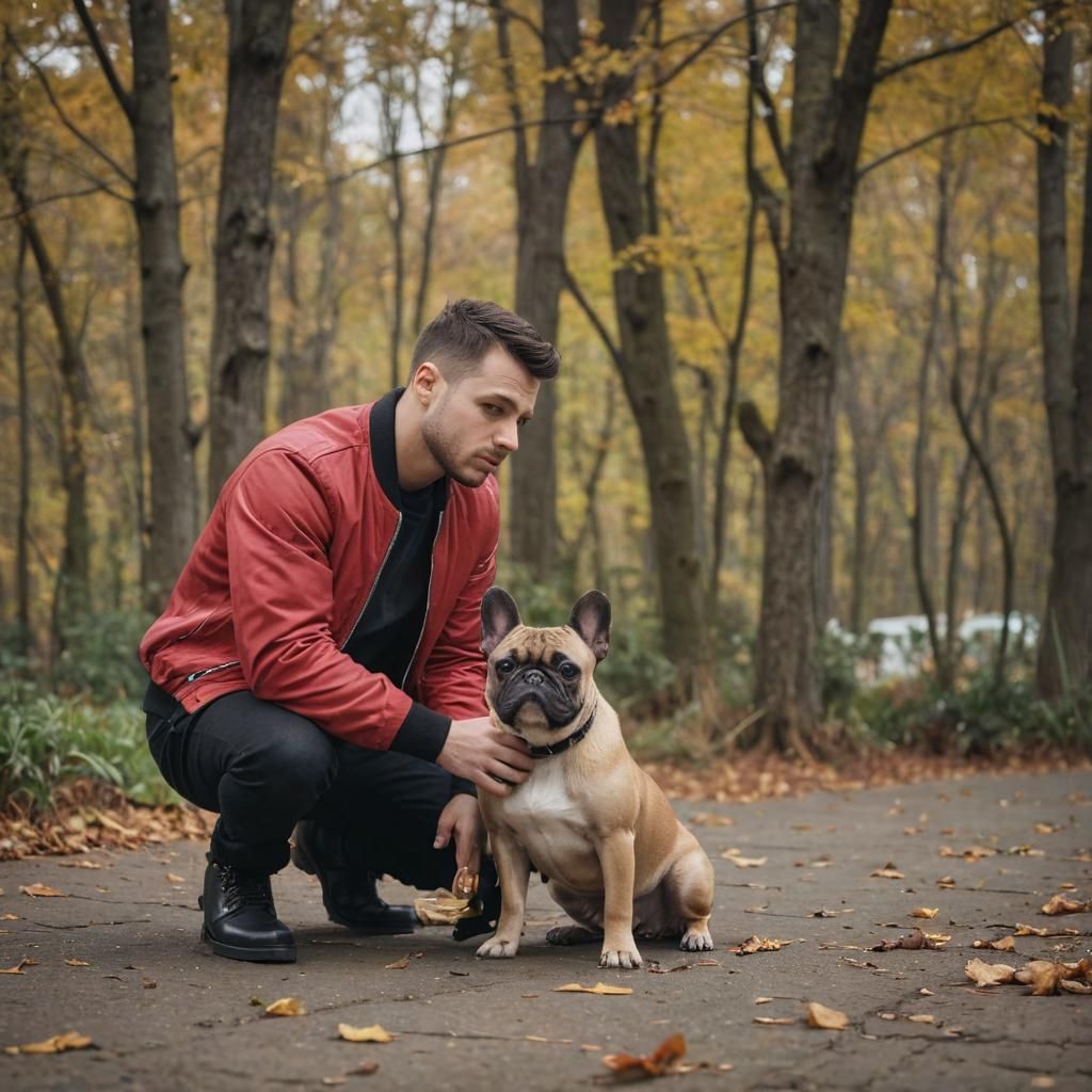 Slavic Man in Red Bomber Jacket, Kneeling with French Bulldo...