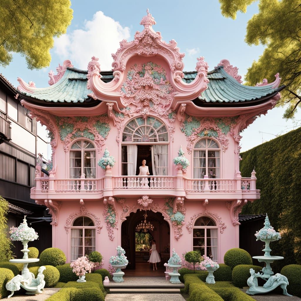 Whimsical Rococo Forest Scene with Baroque Architecture