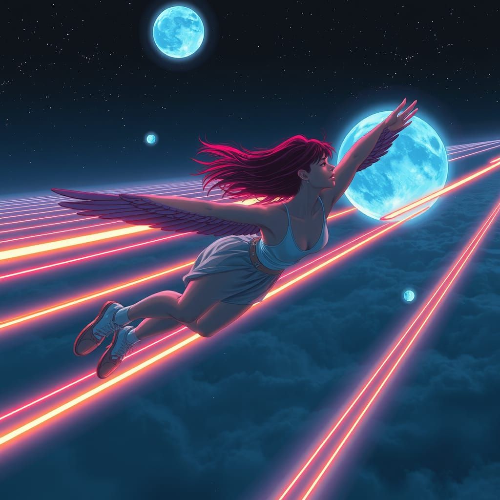 Winged Figure Flies Through Cyberpunk Synthwave Sky