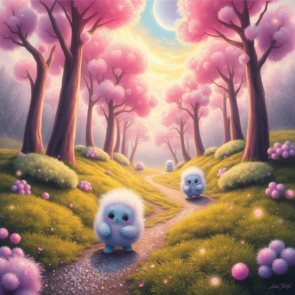 Fuzzy Creatures in Dreamlike Forest, Whimsical Art