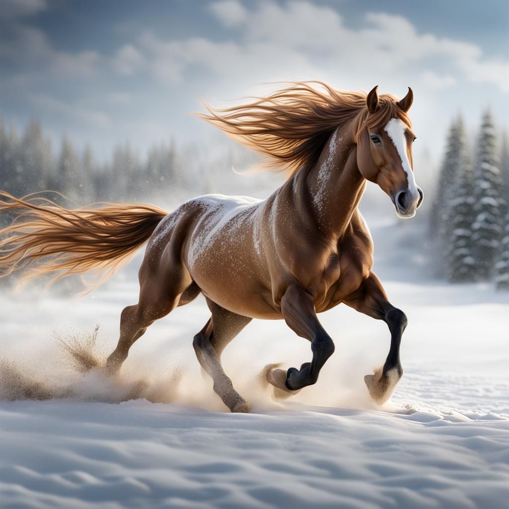 Elegant Horse Running Through Snow, Realistic Digital Art