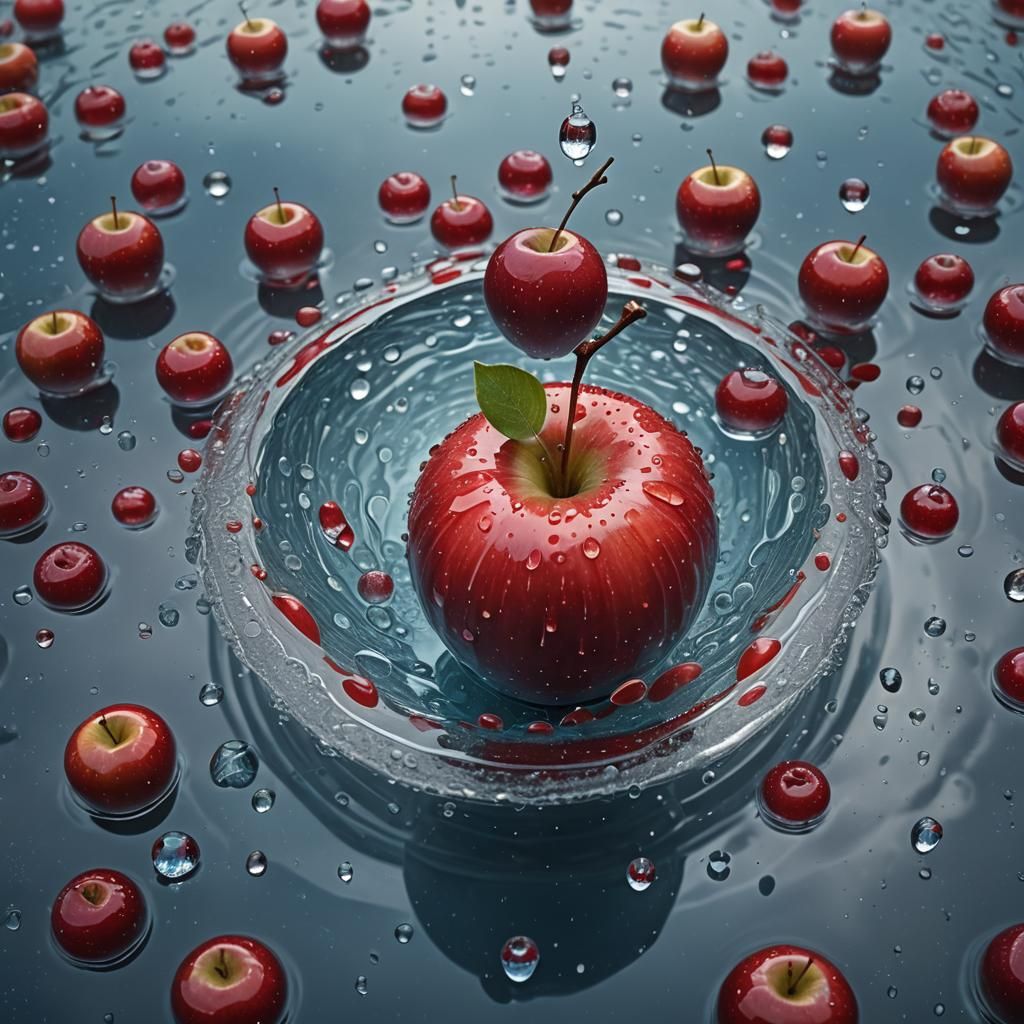 Ornate Apple in Glass Raindrops, Surreal Digital Art