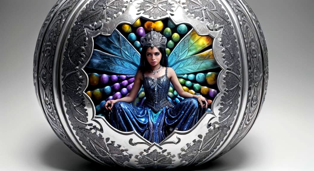 Iridescent Fairy on Silver Pumpkin with Fractal Design