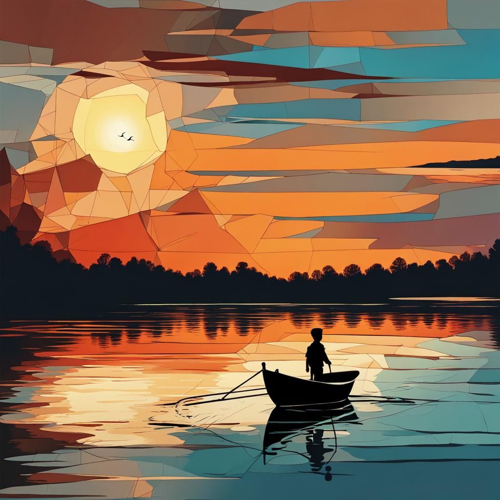 Sunset Lake Scene in Abstract Art Style